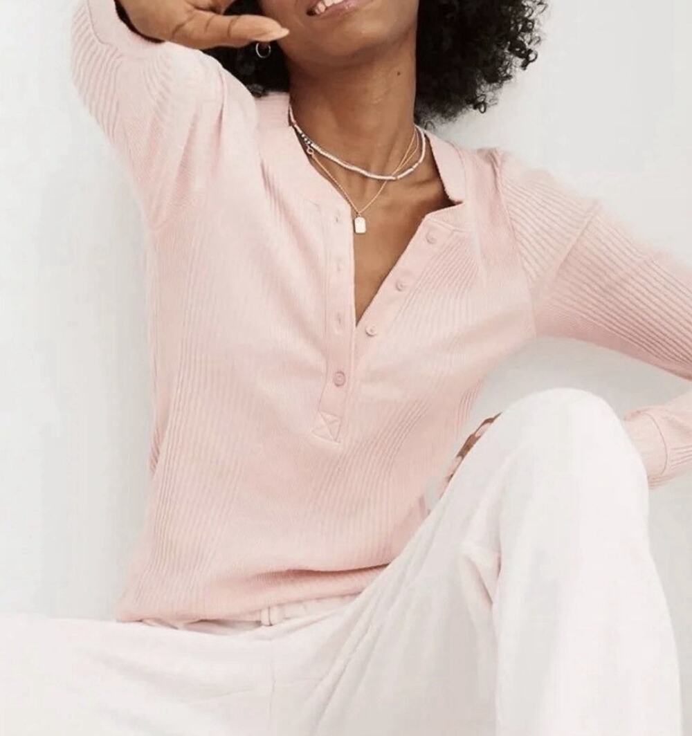 Offline by Aerie Thermal Snap Henley Shirt Pink medium Waffle Knit Top A009979